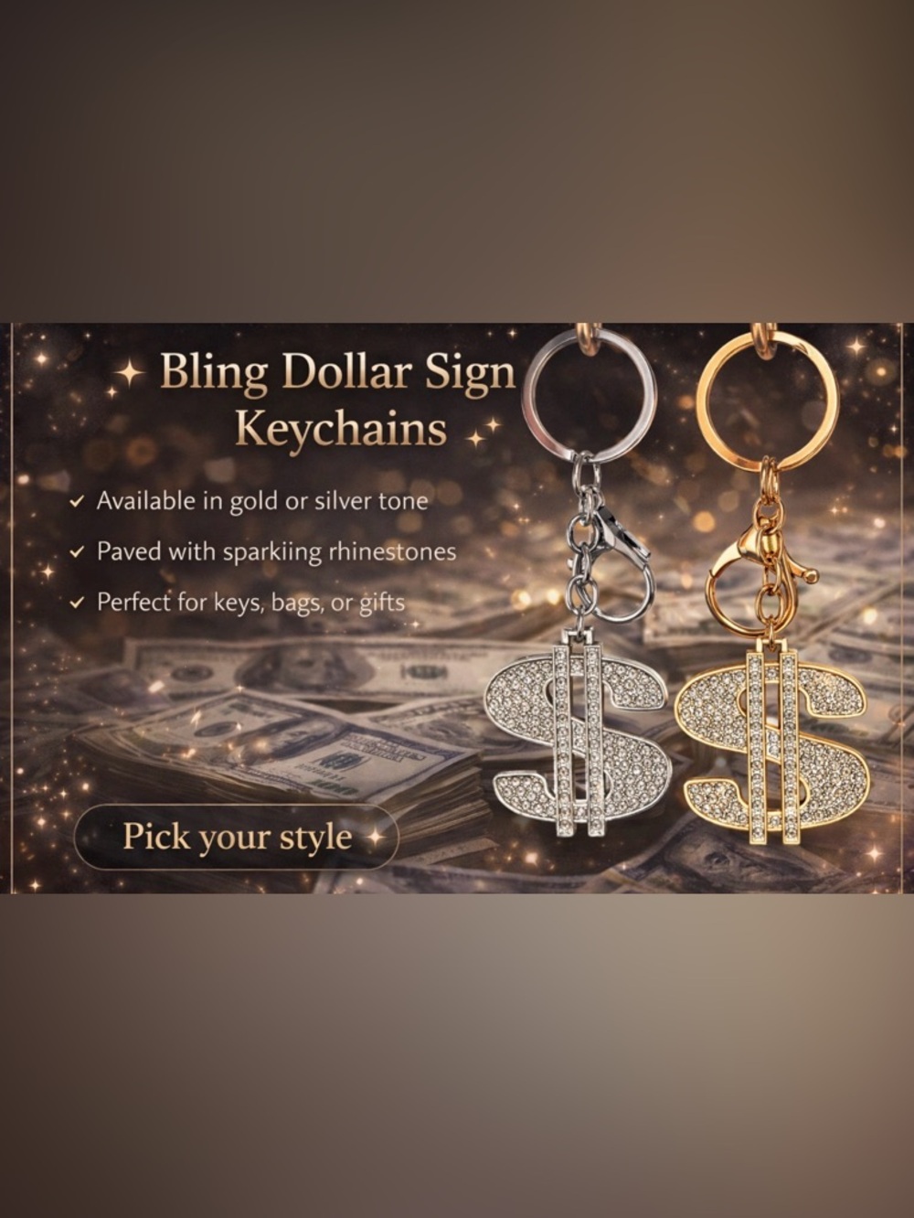 Gold and Silver Rhinestone Dollar Sign Keychain - Bling Accent